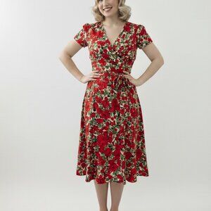 Zara - Basic - Small - Wrap Dress - Red Flowers - Knee Length (31" top to bottom